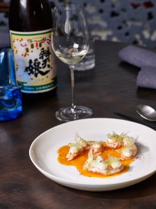 Prawn Tails, chili pickle, celery chips, sweet and sour capsicum syrup