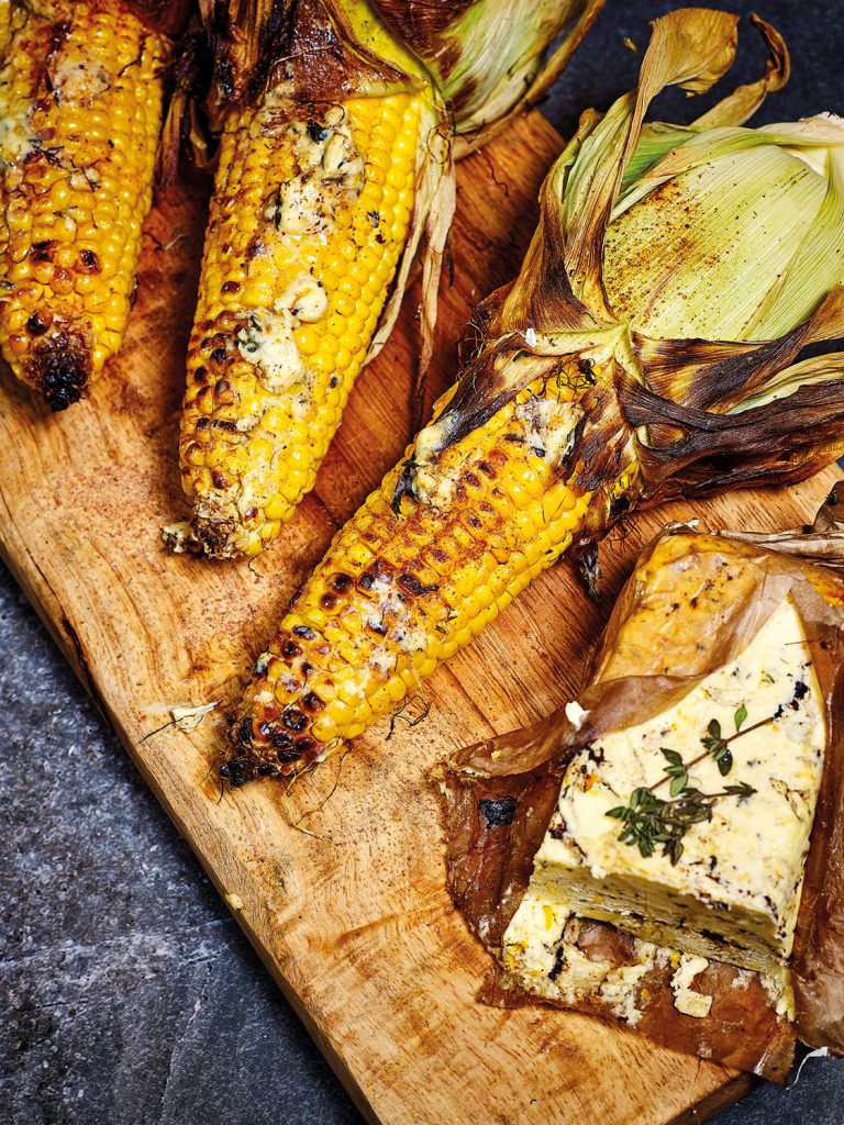 Charred Corn with Black Garlic Compound Butter