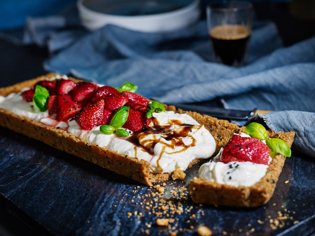 Cheesecake Tart with Baked Strawberries & Sweet Balsamic Dressing