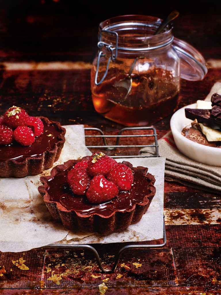Chocolate Tarts with Raspberries and Muscat Syrup