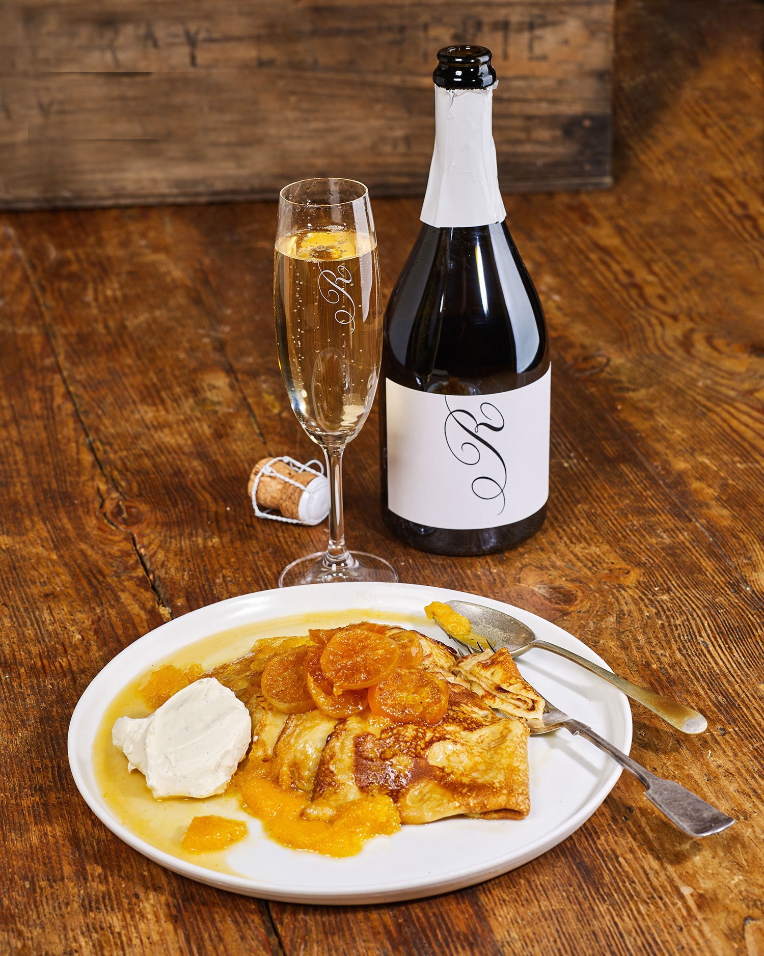 Crepes Suzette with Ros Ritchie 2013 Pinot Noir, Pinot Meunier Cuvée at cellar door