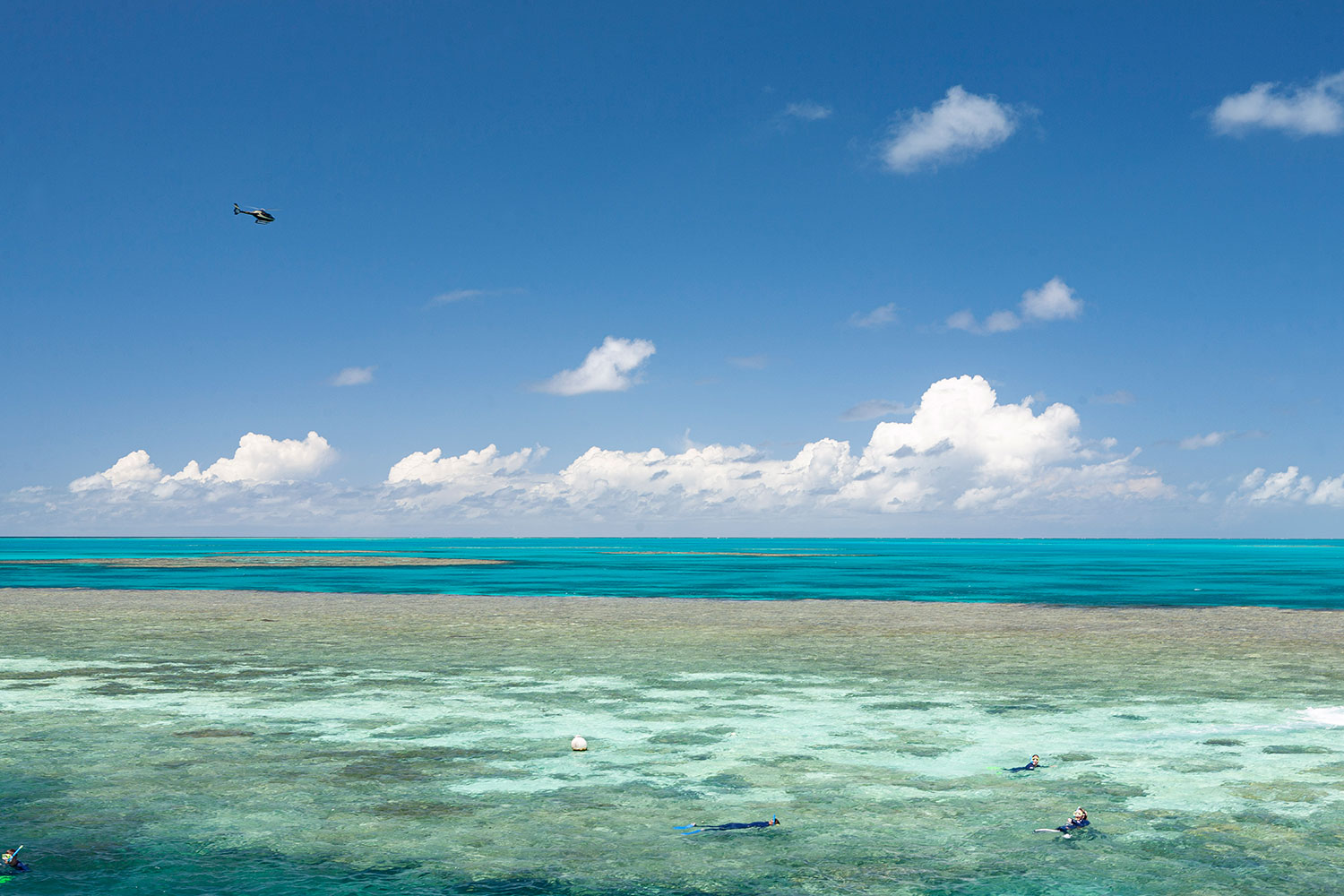 A helicopter tours over Hardy Reef