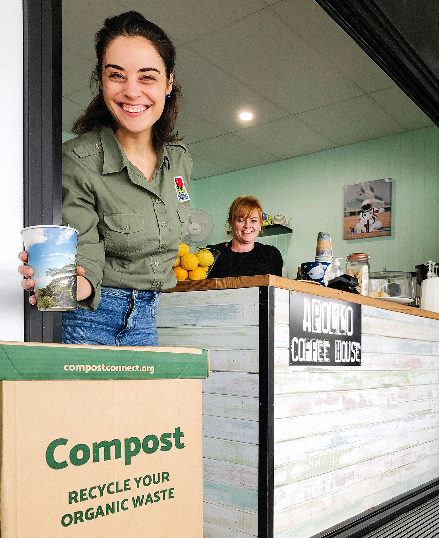 Rainforest Rescue's Kristin Canning using the Compost Connect collection bin at Apollo Cafe, Brisbane