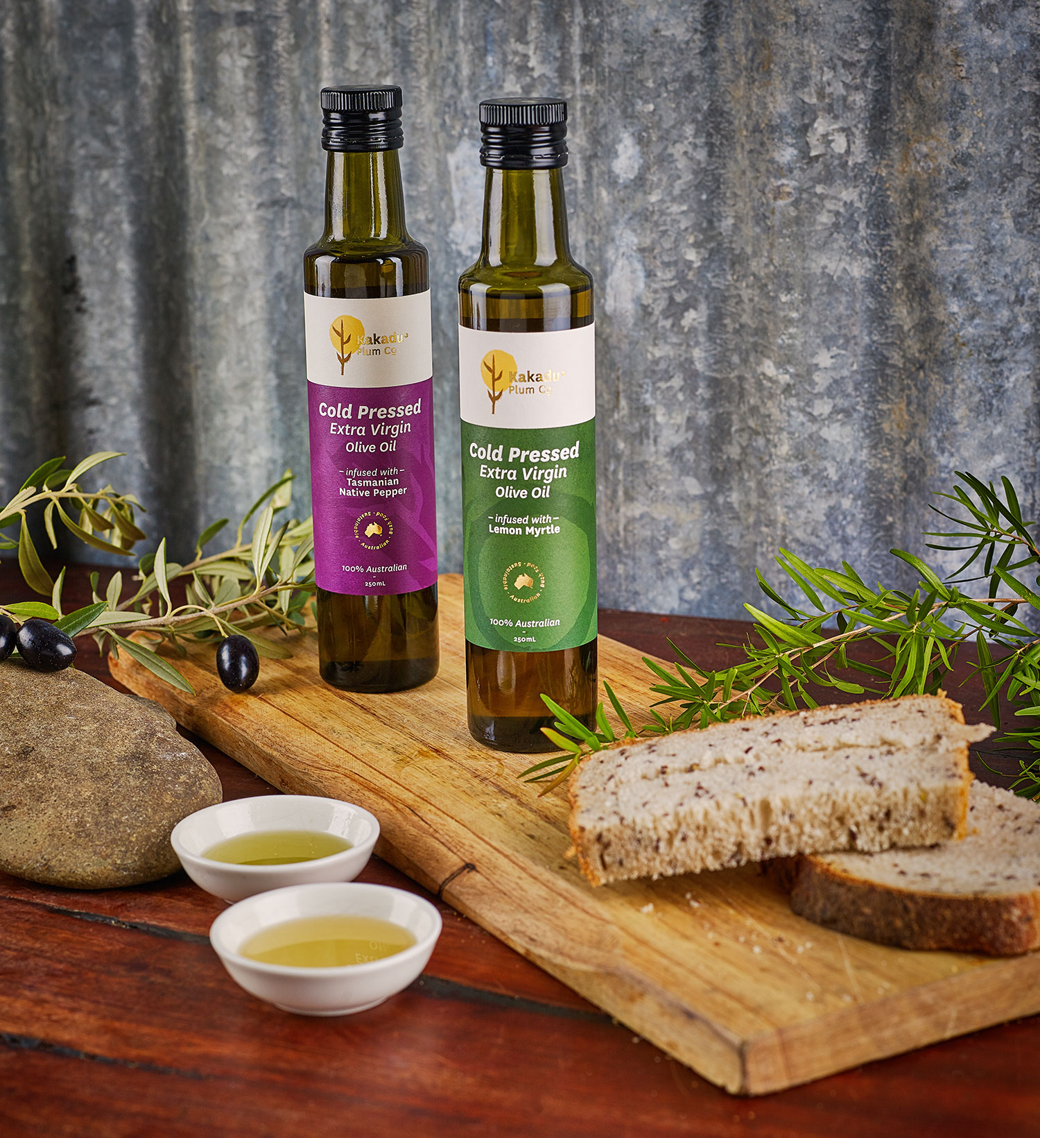 Kakadu Plum Co. 100% Australian cold-pressed extra virgin olive oils with two distinct native Australian flavours: lemon myrtle and native Tasmanian pepper